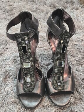 Vince Camuto Metallic Pewter T-Strap Jeweled Heels